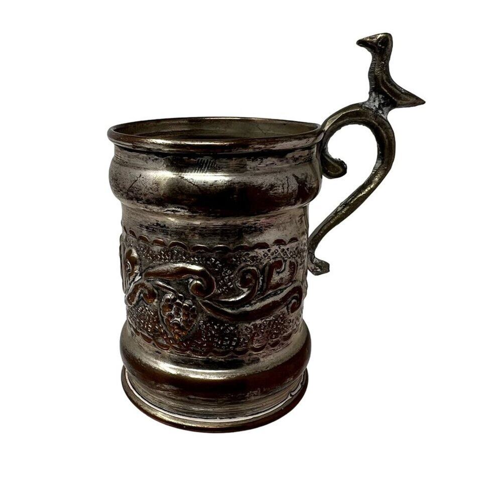 Silver Plated Baby Baptism Christening Vintage Mini Cup Fleur De Lis Bird Handle